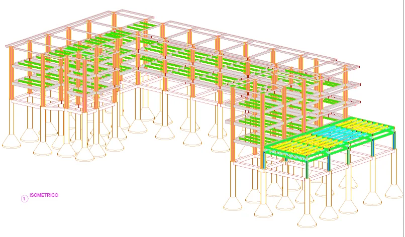 Isométrico del modelo estructural de la Institución Educativa Eduardo Aguilar Vélez, Yolombó